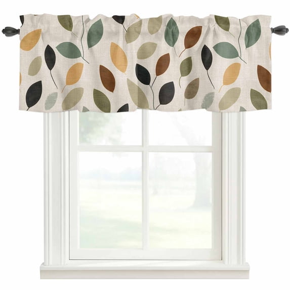 Vintage Leaf Valances for Windows Spring Abstract Green Brown Leaf Plant Linen Texture Rod Pocket Curtain Valance Window Treatment Short Curtains for Kitchen Living Room, 42"x18"