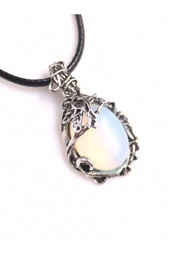 Vintage Leaf Vine Pendant Necklace With Opal Stone, Silvertone Alloy, Boho Style