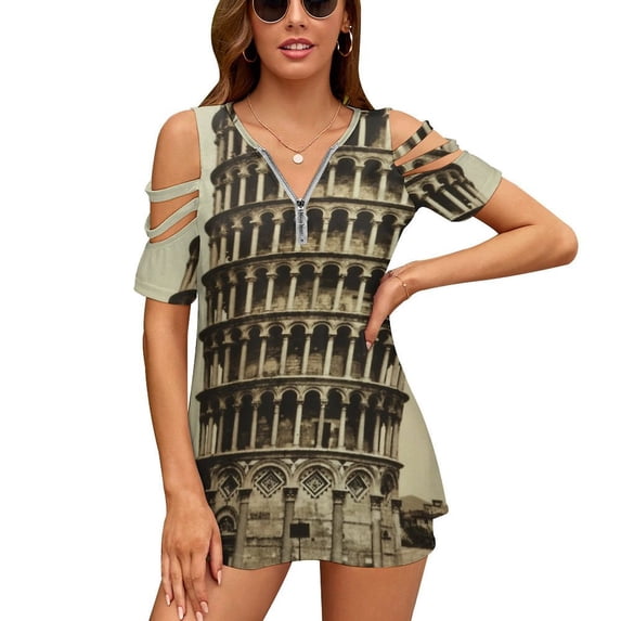 Vintage Leaning Tower of Pisa Photograph (1900) Womens Summer V Neck Zipper Top Short Sleeve T Shirt Off Shoulder Top Casual Classy Loose Shirts