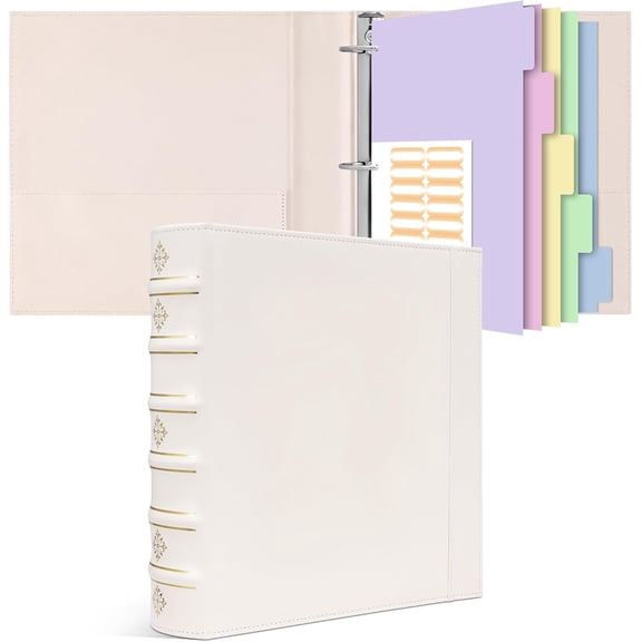 Vintage Leather 3 Ring Binder 2 Inch, Professional Hardback Organizer with Dividers Fits 8.5" x 11", White D Binders for Home School and Office