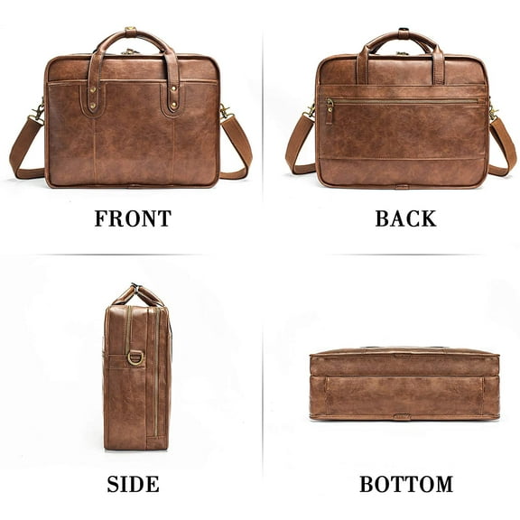 Vintage Leather Briefcase for Men, 15.6 Inch Laptop Bag with Multi-Functional Compartments, Water Resistant Travel Messenger Bag