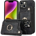 thumbnail image 1 of Vintage Leather Card Holder Phone Case with Metal Ring Stand and Lanyard for Samsung Galaxy A42 A32 A22 S A12 A54 A34 4G 5G Exquisite Portable Protective Back Cover(Black,A32 4G), 1 of 8