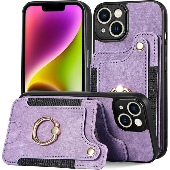 Vintage Leather Card Holder Phone Case with Metal Ring Stand and Lanyard for Samsung Galaxy A42 A32 A22 S A12 A54 A34 4G 5G Exquisite Portable Protective Back Cover(Purple,A22 5G / A22S)