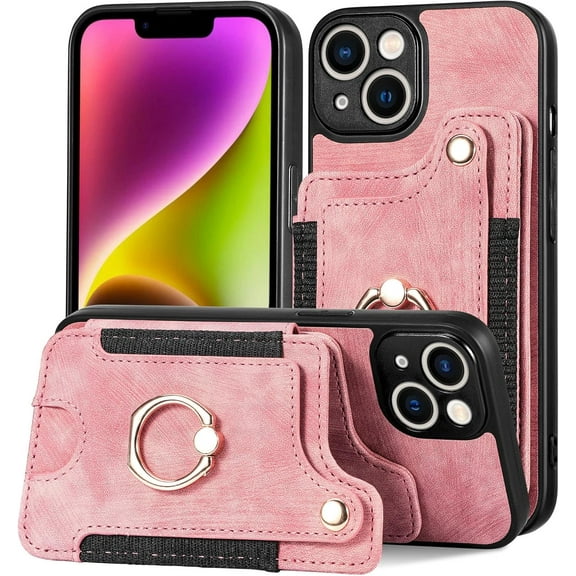 Vintage Leather Card Holder Phone Case with Metal Ring Stand and Lanyard for Samsung Galaxy S10 S9 S8/S10 S9 S8 Plus E Exquisite Portable Protective Back Cover(Pink,S9 Plus)