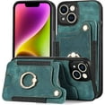 thumbnail image 1 of Vintage Leather Card Holder Phone Case with Metal Ring Stand and Lanyard for Samsung Galaxy S23 S22 S21 S20 Ultra Plus FE Exquisite Portable Protective Back Cover(Green,S21), 1 of 8