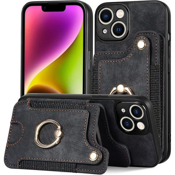 Vintage Leather Card Holder Phone Case with Metal Ring Stand and Lanyard for iPhone X XS XR 8 7 6 6S SE Plus Max Exquisite Portable Protective Back Cover(Black,XS Max)