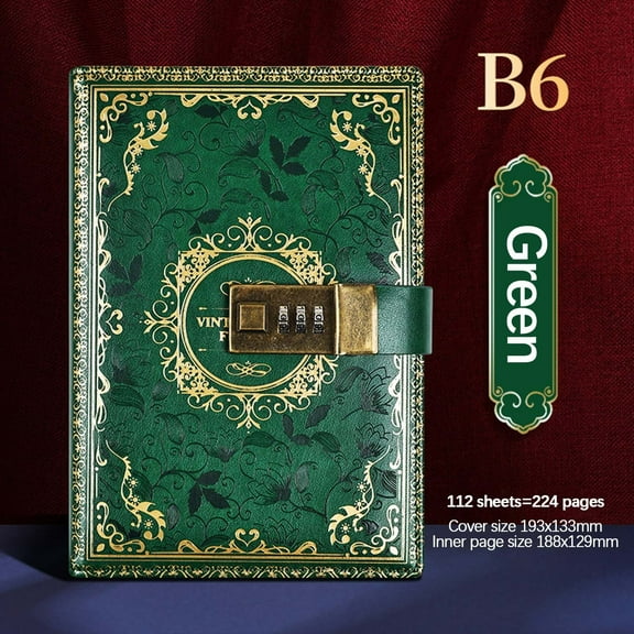 Vintage Leather Combination Lock Journal 112 Lined Pages with Gilded Golden Edges Floral Embossed Hardcover Notebook Diary Password Locking Personal Planner Green B6 Size