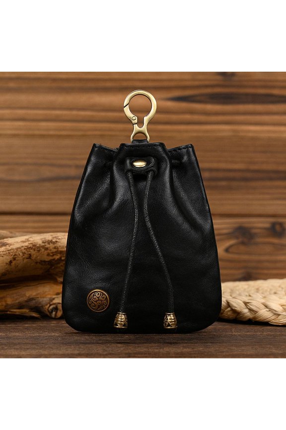 Vintage Leather Drawstring Coin Pouch Keychain Mini Bucket Wallet