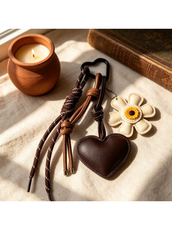 Vintage Leather Flower Heart Bag Charm & Keychain, Handmade Boho Tassel Bag Pendant for Women, Aesthetic Accessory for Tote Bags