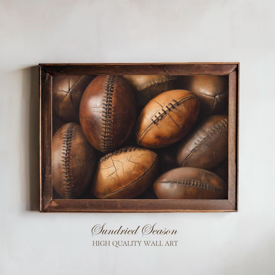 Rustic Football Color In Vintage Leather Football Art Print, Rustic Sports Decor, Retro American ...