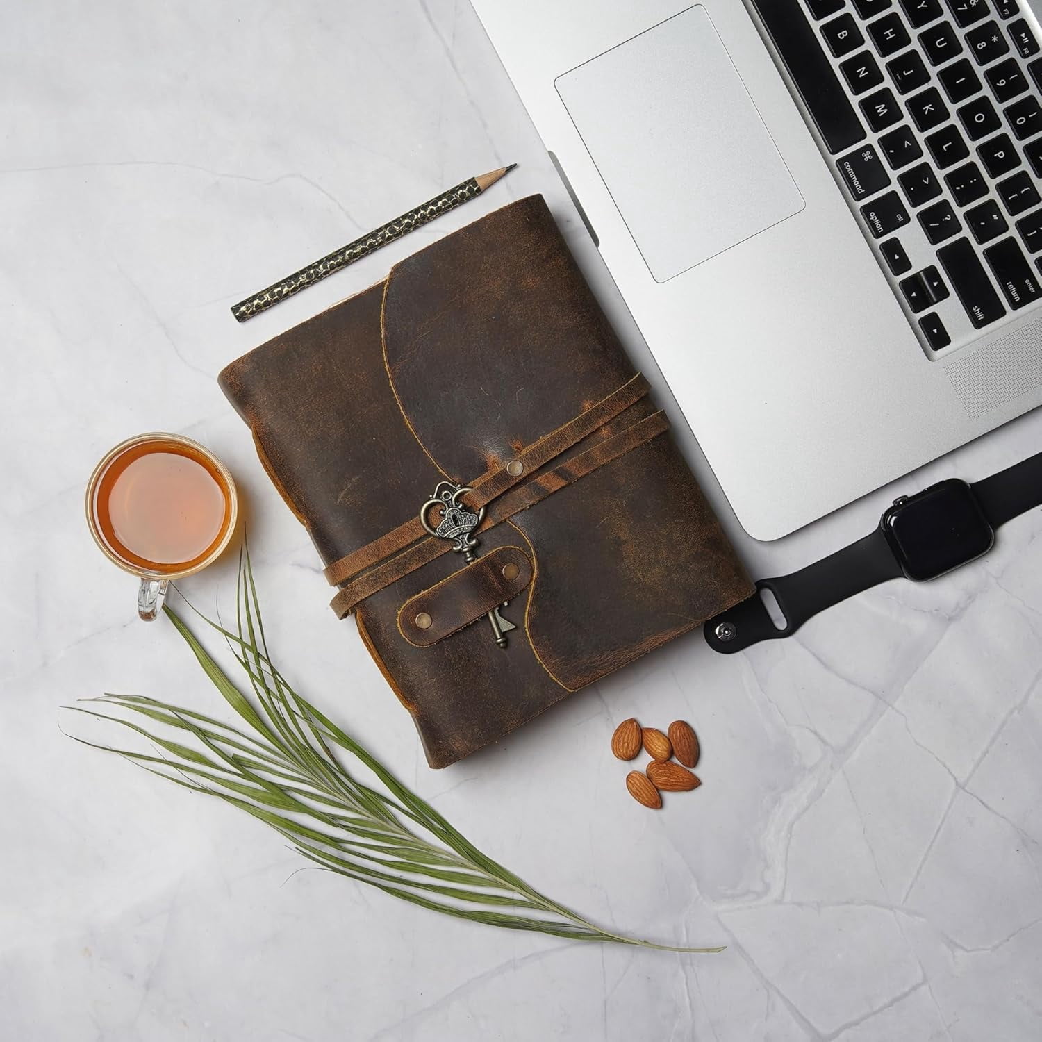 Vintage Leather Journal – 200 Handmade Deckle  Paper – Leather bound Notebook for Men Women – Vintage  Closure - Book of Shadows - Cappuccino Brown - 13X8 inches