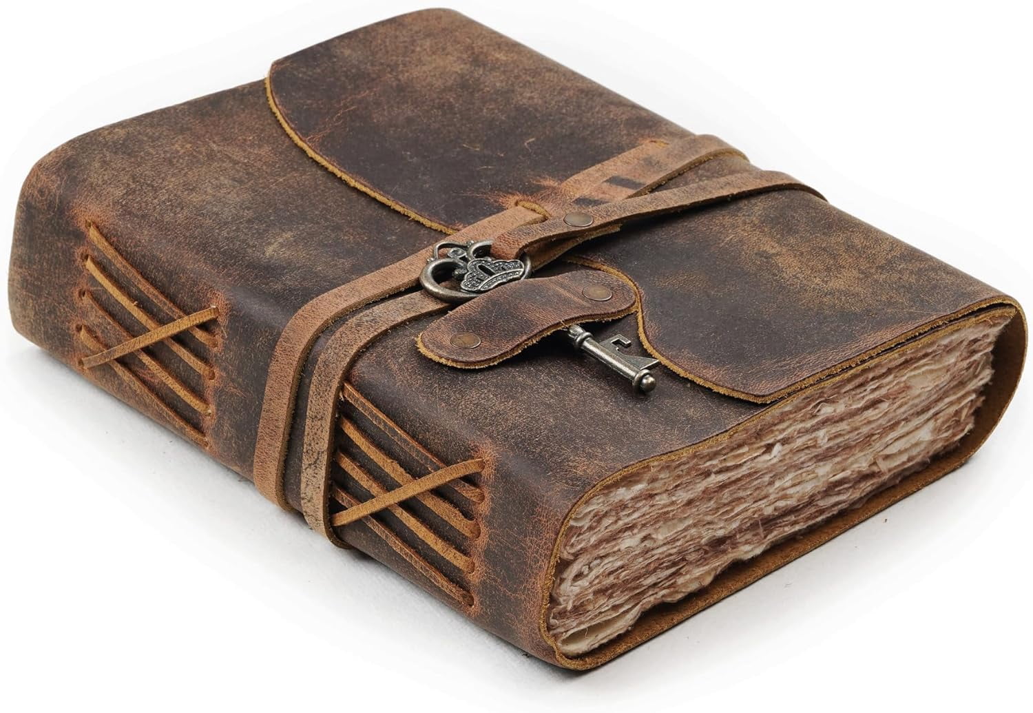 Vintage Leather Journal – 200 Handmade Vintage Deckle Edge Paper – Leather bound Journal For Women Men – Vintage Key Closure - Book of Shadows - Cappuccino Brown - 6X4 inches (A6)