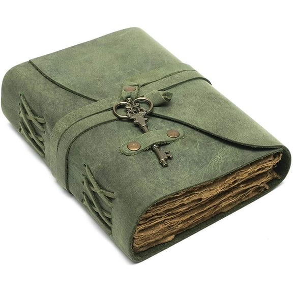Vintage Leather Journal - Antique Handmade Deckle Edge Vintage Paper Leather Bound Journal - Book of Shadows Journal - Leather Sketchbook - Drawing Journal - Great Gift (Green, 7.5"x5.5")