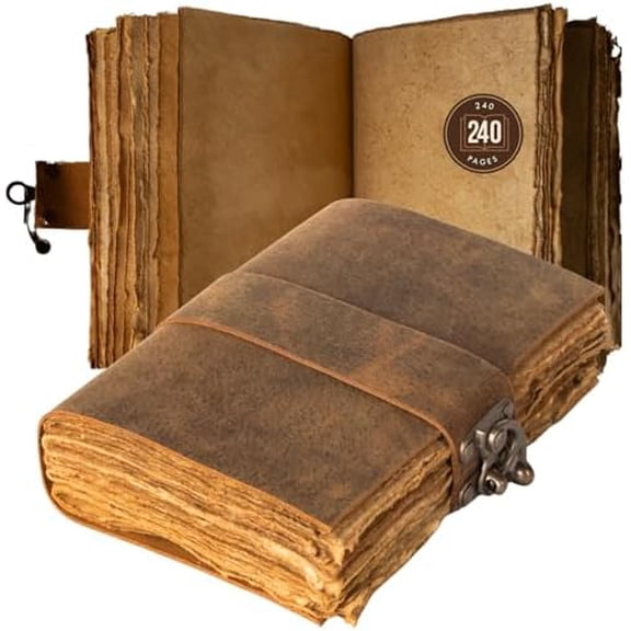 Vintage Leather Journal - Lock Closure, Book of Shadows Journal, Grimoire Journal, Witch Journal, Vintage Journal 240 pages Antique Deckle Edge Paper$$Office