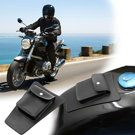 Vintage Leather Motorcycle Tank Bag with Retro Game Stickers - Durable Oil Storage Pouch for Harley Cruiser Scooter - 8.07x5.51x1.57 Inches Black/Brown Document Holder for Moped Accessories
