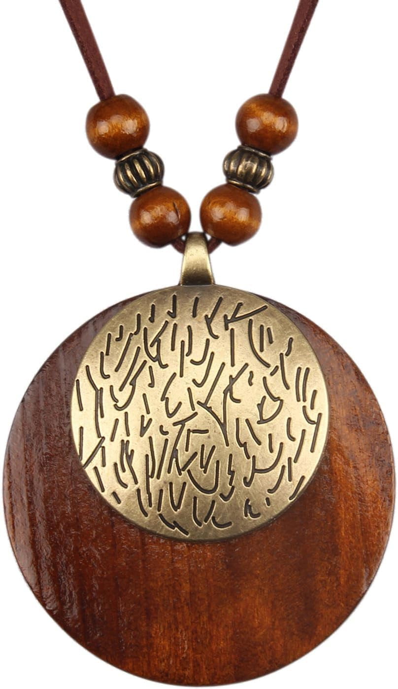 Vintage Leather Necklace for Women Men Handmade Boho Alloy Turquoise Wood Choker Pendant Necklaces with Long Adjustable Leather Cord[m3057]