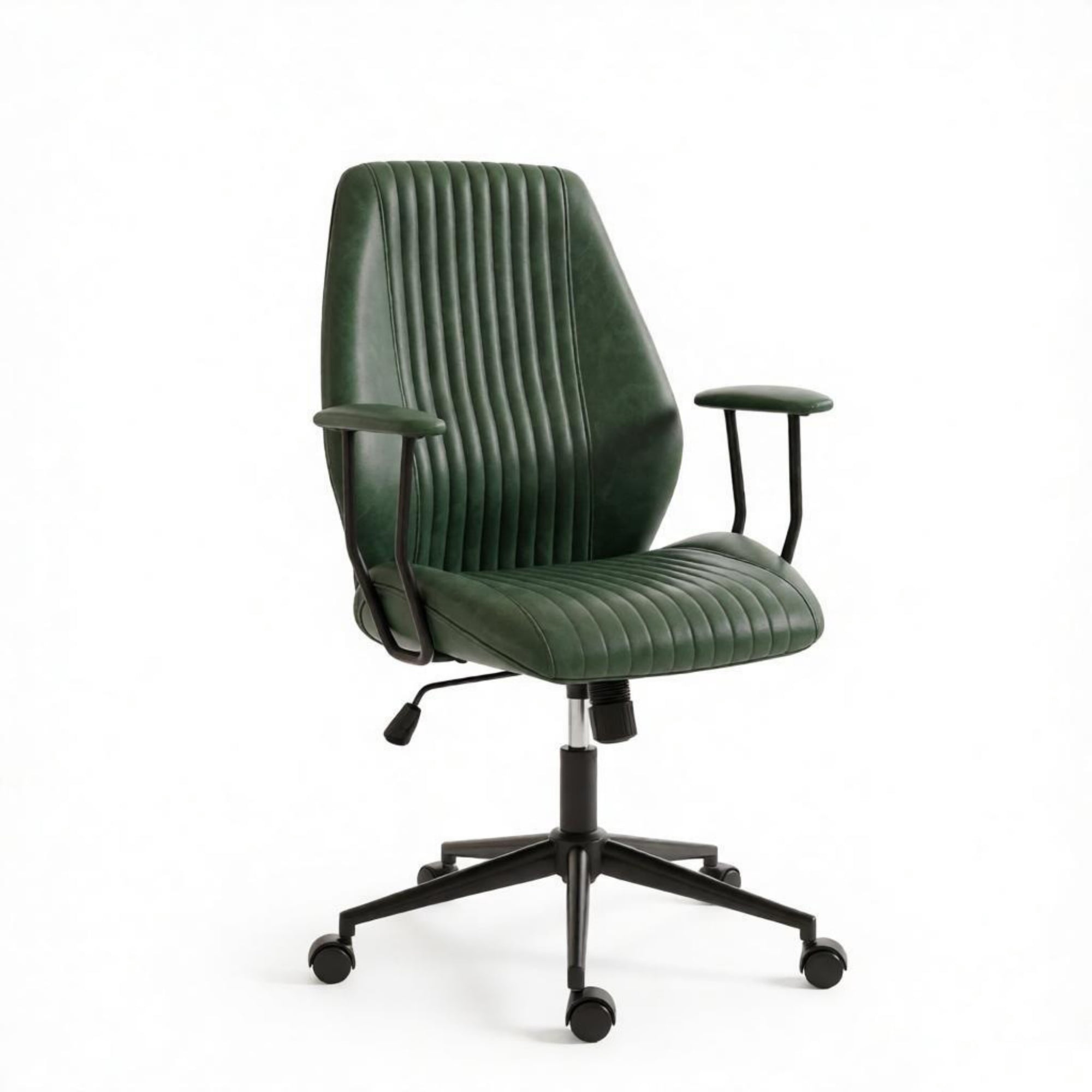 Vintage Leather Office Desk Chair, Padded Arms, 360° Swivel & Adjustable Height, Green