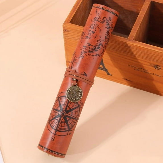 Vintage Leather Pencil Case, Large Capacity Pencil Pouch, Treasure Map Roll-Up Stationery Organizer, Durable Spacious Multifunctional Makeup Brush Holder for Professionals and Artists