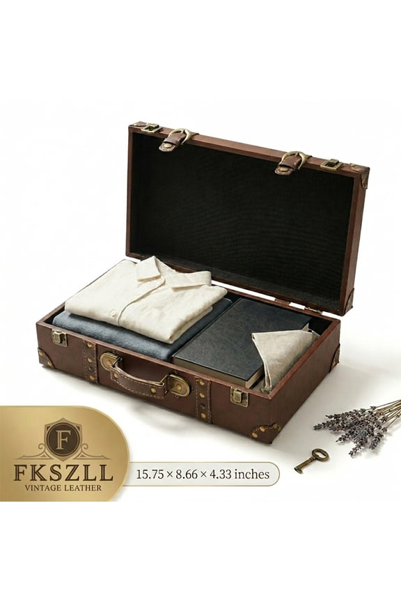 Vintage Leather Suitcase Microfiber Leather Decorative Prop Luggage Portable Wooden Storage Carrying Case for Storing Clothes Travel