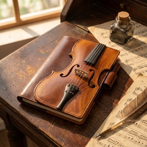Vintage Leather Violin Notebook, Refillable Music Notation Journal with Embossed Violin Design, Faux Leather Strap Closure, Portable Sketchbook for Musicians Composers Students Recital Practice Gift