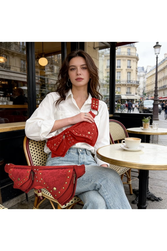 Vintage Leather Waist Bag, Steampunk Rivet Belt Bag for Women, Heavy-Duty Gothic Biker Fanny Pack with Lace Detail