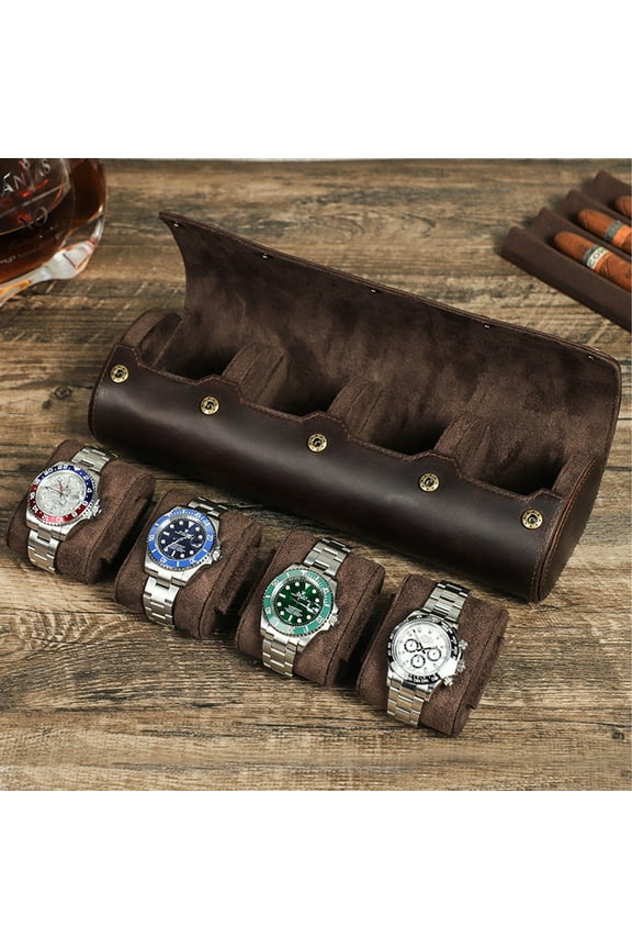 Vintage Leather Watch Roll Case for 4 Watches Handmade Crazy Horse Cowhide Travel Storage Box with Detachable Cushions Coffee Brown Snap Button Closure for Display & Protection