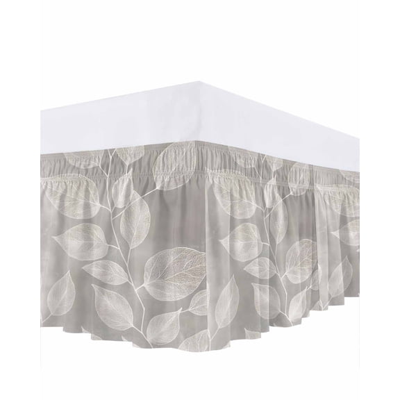 Vintage Leaves Bed Skirt Queen Size 16" Drop Overlay Leaves Vintage Texture Ruffled Wrap Around Bed Skirts Adjustable Elastic Bedskirt Dust Ruffle for Queen Size Bed