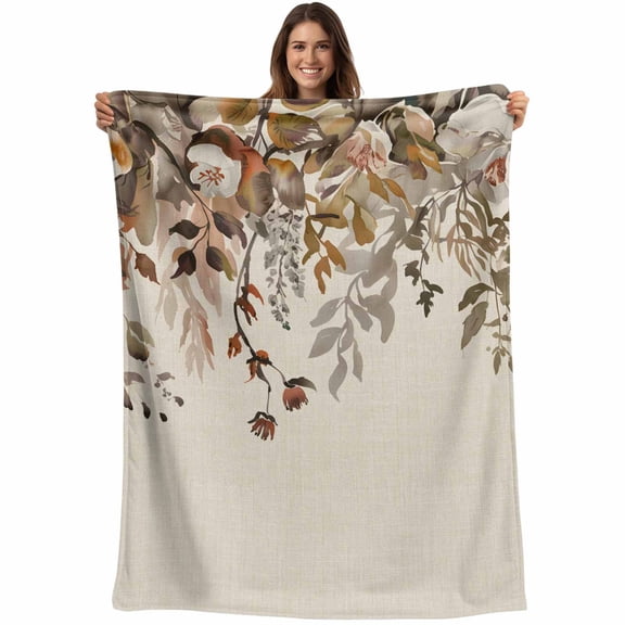 Vintage Leaves Blanket Soft Cozy Warm Throw Blanket for Couch, Plush Fuzzy Flannel Fleece Blankets for Sofa, Farmhouse Botanical Floral Burlap Bed Blankets Lightweight Gifts for Women, 50"x60"