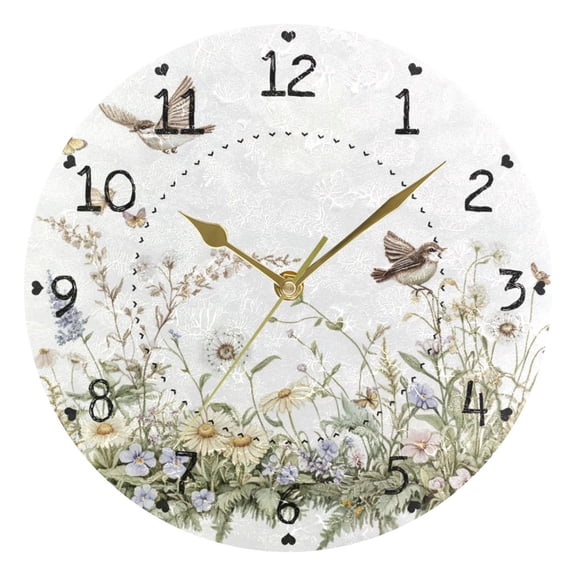 Vintage Leaves Butterflies Birds Florals Round Wall Clock Silent Analog Battery Operated Gold Pointer Home Decor 9.84" Diameter