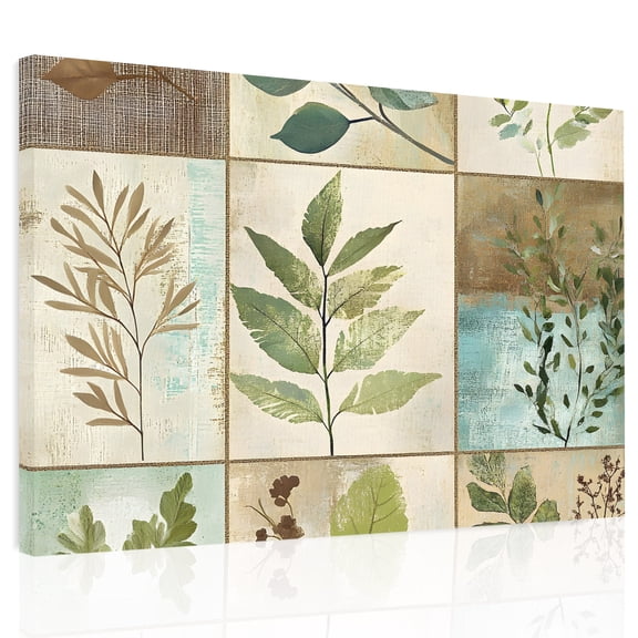 Vintage Leaves Canvas Print Wall Art, Stitching Leaf Wall Decor Modern Artwork Paintings Pictures for Living Room Framed and Stretched Ready to Hang, 20" x 24"