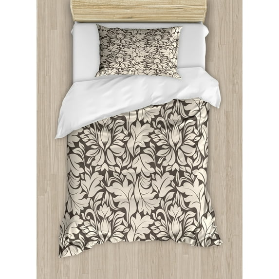 Vintage Leaves Duvet Cover Set, Curved Leafy Pattern Modern-Classic Theme Illustration Art Print, Decorative 2 Piece Bedding Set with 1 Pillow Shams, Twin Size, Taupe and Champagne, by Ambesonne