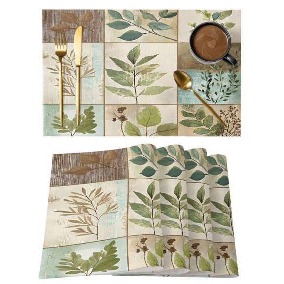 Vintage Leaves Placemats Set of 4 Tree Branch Plant Flower Texture Place Mats Indoor Wipeable Table Mats Washable Cloth Dining Table Placemats for Kitchen Holiday Party Home Decor 13x19 Inch