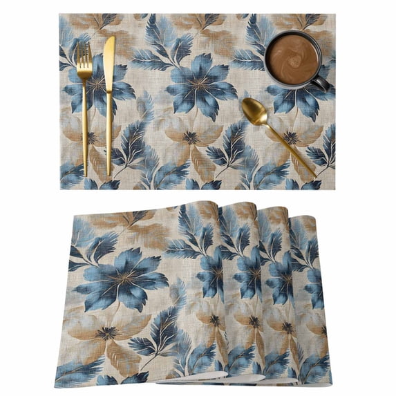 Vintage Leaves Placemats Set of 8, Blue Tropical Plant Linen Texture Non-Slip Place Mats Washable Table Mats for Kitchen Dining Table Decorations Indoor/Outdoor