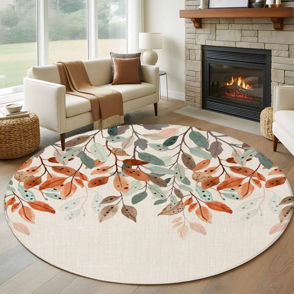 Vintage Leaves Round Area Rug 7Ft Washable Circle Rugs for Dorm Laundry Room, Summer Botanical Pastoral Watercolor Rustic Non-Slip Carpet Floor Mats Indoor Outdoor Carpet Runner Aesthetic Home Decor