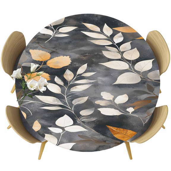 Vintage Leaves Round Tablecloth 55-60 Inch Round Fitted Table Cloth with Elastic Edge, Vintage Botanical Leaf Plants Branches Waterproof Table Cover Protector for Outdoor Picnic Party Dining