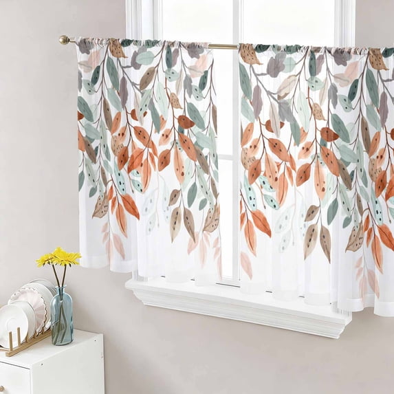 Vintage Leaves Sheer Curtains 45 Inch Length 2 Panels Set, Summer Botanical Pastoral Watercolor Voile Window Treatment Rod Pocket Small Kitchen Curtains Drapes for Bedroom 52"x45"x2