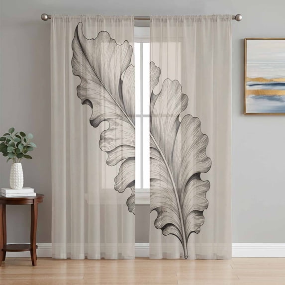 Vintage Leaves Sheer Curtains 63 Inch Length 2 Panels Set, Retro Beige Country Pastoral Plants Voile Window Treatment Rod Pocket Curtains Sheers Drapes for Bedroom/Living Room/Kitchen 52x"63"x2