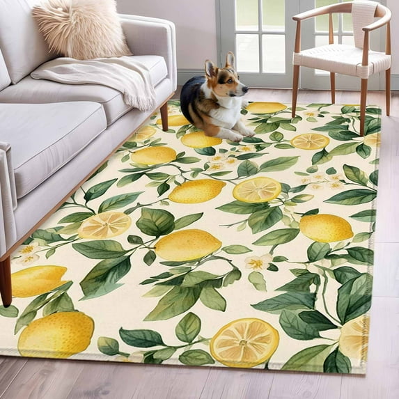 Vintage Lemon Area Rugs 4x6 ft Fruit Leaf Floral Beige Background Country Washable Rug Non Slip Indoor Carpet Absorbent Floor Mat for Living Room Bedroom Dining Room
