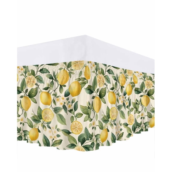Vintage Lemon Bed Skirt Fruit Leaf Floral Beige Background Country Bed Skirts King Size 16 Inch Drop, Wrap Around Dust Ruffle Bedskirt with Adjustable Elastic Belt for Queen Size Beds