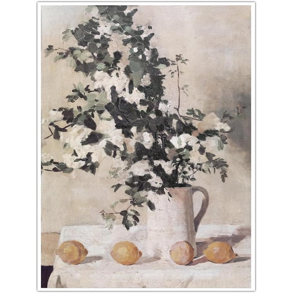 Vintage Lemon Bright Botanical Art with Wildflower Jug Still Life Canvas Wall Art Print French Country Farmhouse Decor Painting for Living Room, Office, Kitchen - 12x16in Unframed