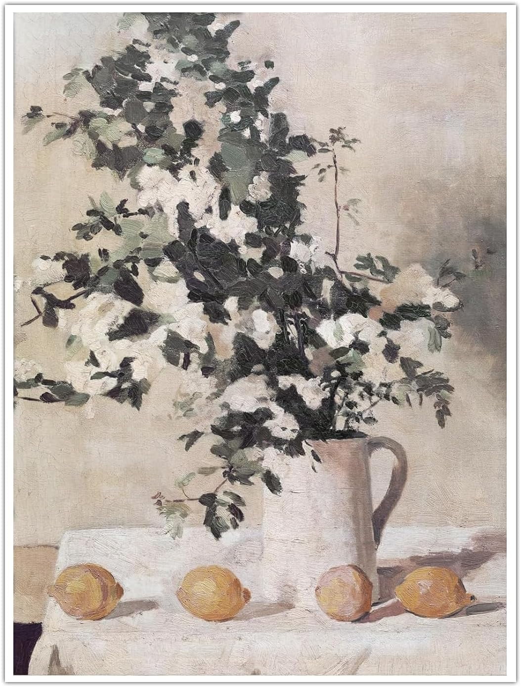 Vintage Lemon Bright Botanical Art with Wildflower Jug Still Life