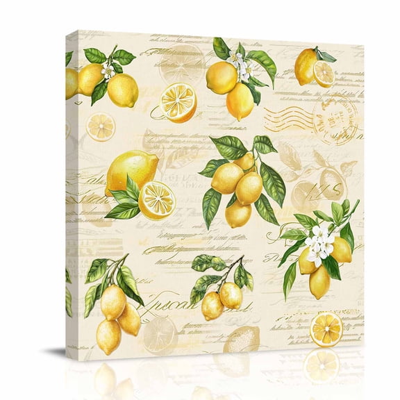 Vintage Lemon Canvas Wall Art for Living Room, Leaf Yellow Fruit Letter Background Farmhouse Poster Print Painting for Bedroom Office Home Decoration Wall Pictures Prepare To Hang 12"x12"