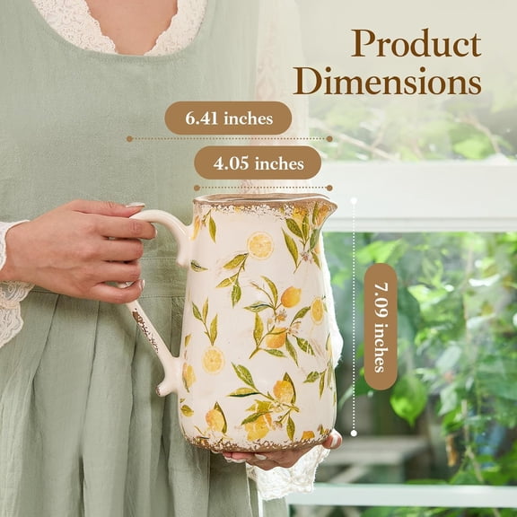 Vintage Lemon Ceramic Vase with Handle, Retro Ice Glazed Crack Farmhouse Pitcher Vase for Home Decor, Living Room, Shelf, Office, Rustic Table Centerpiece 9 Inch