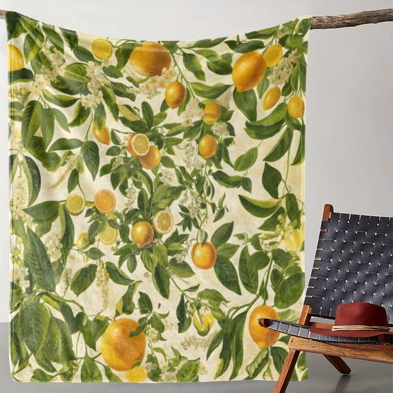 Vintage Lemon & Floral Print Flannel Throw Blanket – Soft, Warm & Comfortable All-Season Blanket for Sofa, Bed, Travel & Home Decor (1pc)