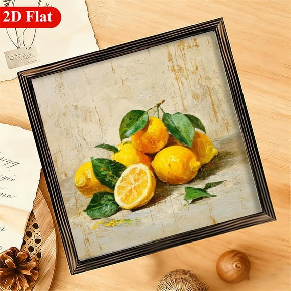 Vintage Lemon Fruit Oil Painting Wall Art Decor, Rustic Kitchen and Dining Room Framed Canvas Print, Aesthetic Farmhouse Home Decoration Gift for Family and Friends12x12in