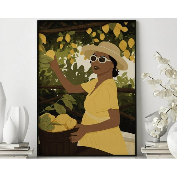 Vintage Lemon Grove Art Print – Elegant Black Woman Picking Lemons, Summer Garden Wall Decor, Afrocentric Modern Farmhouse Wall Art, Modern Wall Decor, 8x12 UNFRAMED