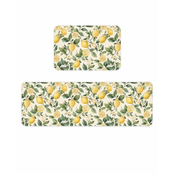 Vintage Lemon Kitchen Mats for Floor 2 Piece, Fruit Leaf Floral Beige Background Country Absorbent Non-Slip Kitchen Rugs Comfort Standing Mat for Laundry, Hallways 20"x24"+20"x48"