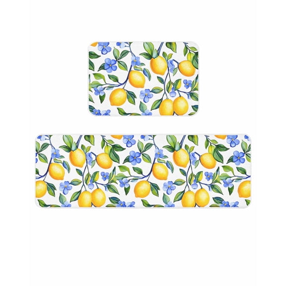 Vintage Lemon Kitchen Mats for Floor 2 Piece, Watercolor Blue Flowers Absorbent Non-Slip Kitchen Rugs Comfort Standing Mat for Laundry, Hallways 20"x24"+20"x48"