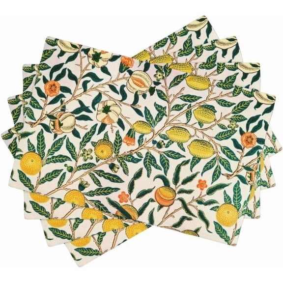 Vintage Lemon Kitchen Placemats, Retro 70s Floral Tropical Fruit William Morris Style Yellow Lemon Print Placemats for Party Kitchen Dining Table Decoration, 12x18 Inch, 4PCS