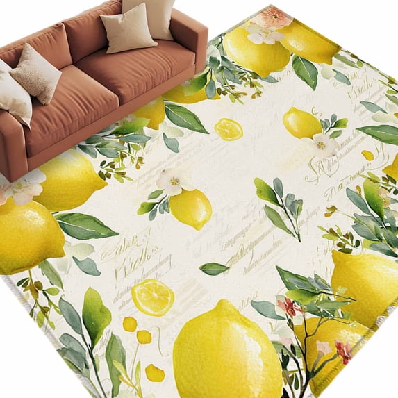 Vintage Lemon Large Area Rugs for Bedroom Living Room, Soft Non Slip Carpet Bedside Rug, Summer Fruit Rustic Botanical Floral Rectangular Floor Cover Kitchen Accent Rug 5'x7' for Dining Room/Office